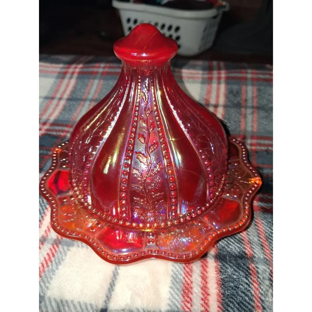 Vintage Amberlina Carnival Glass Domed Butter Dish Beaded Holly Summit UV